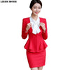 V-neck Long Sleeve Ruffle Blazer and Mini Skirt Two Piece Set Women Business Formal Black Red Beige Pencil Skirt Suit Woman