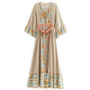 V neck Sunflower Floral Print Women BOHO Dress Beige Bow Sashes Single-breasted Button Flare Sleeve Maxi long Swing Dresses
