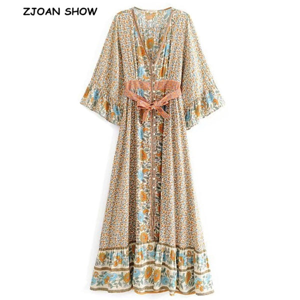 V neck Sunflower Floral Print Women BOHO Dress Beige Bow Sashes Single-breasted Button Flare Sleeve Maxi long Swing Dresses