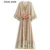V neck Sunflower Floral Print Women BOHO Dress Beige Bow Sashes Single-breasted Button Flare Sleeve Maxi long Swing Dresses