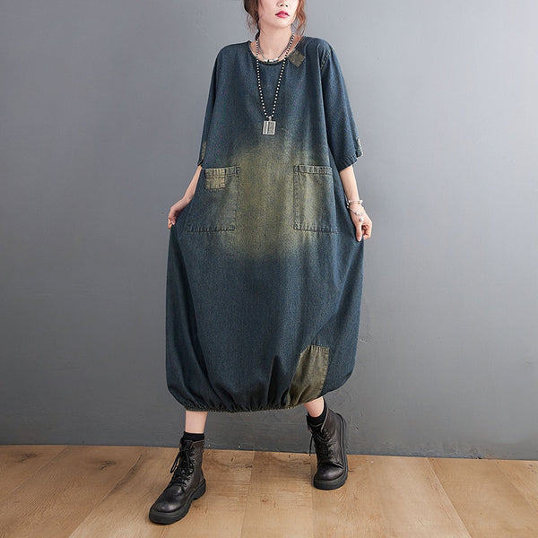 VANOVICH European and American Plus Size Retro Stitching Patch Denim Long Dress 2022 Autumn Woman Dress