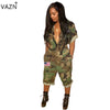 New Arrive Famous Casual Women Jumpsuit Camouflage Turn-down Collar Short Sleeve Calf-Length Romper Y074