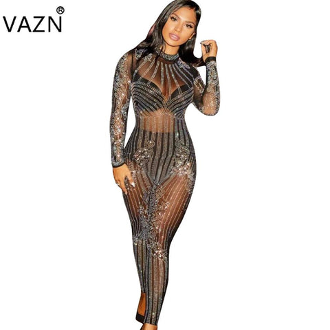New Fashion High Quality Bodycon Jumpsuit Full Sleeve Lace Jumpsuit O-Neck Sexy Rompers White Khaiki and Black Q034