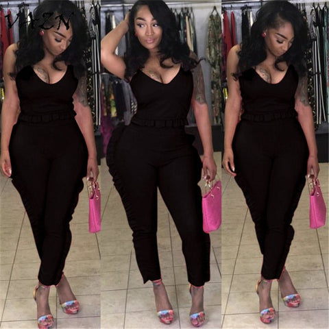 Summer High Quality Slim Temperate Fashion Women Jumpsuit Solid Ruffle Draped Sleeveless Backless Bodycon Romper YS111