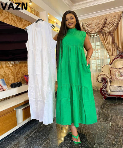 VAZN 2023 Pleated Chic Ladies Slim Elegant Female Solid Skinny Maxi Dress Sexy Lady O-Neck Sleeveless Long Dress