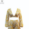VAZN 2023 Early Autumn Yellow Plus Size Chiffon Sweet Holiday Full Sleeve Backless Group Short Pants Women 2 Piece Set
