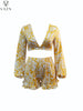 VAZN 2023 Early Autumn Yellow Plus Size Chiffon Sweet Holiday Full Sleeve Backless Group Short Pants Women 2 Piece Set