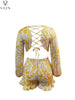 VAZN 2023 Early Autumn Yellow Plus Size Chiffon Sweet Holiday Full Sleeve Backless Group Short Pants Women 2 Piece Set