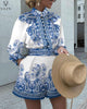 VAZN 2023 Ladies Spring Street Casual Style Women Suit Long Sleeve Shirt Elastic Short Pants Printed 2 Piece Sets