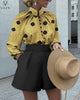 VAZN 2023 Ladies Spring Street Casual Style Women Suit Long Sleeve Shirt Elastic Short Pants Printed 2 Piece Sets