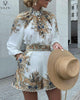 VAZN 2023 Ladies Spring Street Casual Style Women Suit Long Sleeve Shirt Elastic Short Pants Printed 2 Piece Sets
