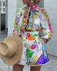 VAZN 2023 Ladies Spring Street Casual Style Women Suit Long Sleeve Shirt Elastic Short Pants Printed 2 Piece Sets