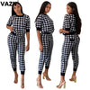 VAZN  2023 summer sexy lady black plaid 2-piece long set half sleeve O-neck pullover tees ankle-lenth pants chic sets
