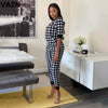 VAZN  2023 summer sexy lady black plaid 2-piece long set half sleeve O-neck pullover tees ankle-lenth pants chic sets