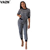 VAZN  2023 summer sexy lady black plaid 2-piece long set half sleeve O-neck pullover tees ankle-lenth pants chic sets