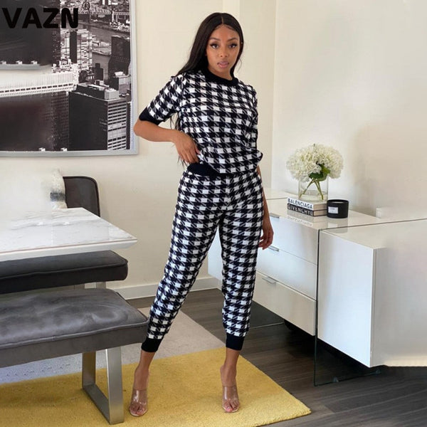 VAZN  2023 summer sexy lady black plaid 2-piece long set half sleeve O-neck pullover tees ankle-lenth pants chic sets