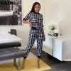 VAZN  2023 summer sexy lady black plaid 2-piece long set half sleeve O-neck pullover tees ankle-lenth pants chic sets