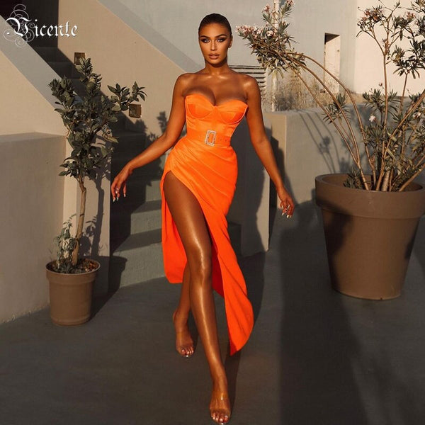VC Women's Long Dress With Draped Design, Belt Decoration, Sleeveless Tube Top, Side High Slit Satin Skirt
