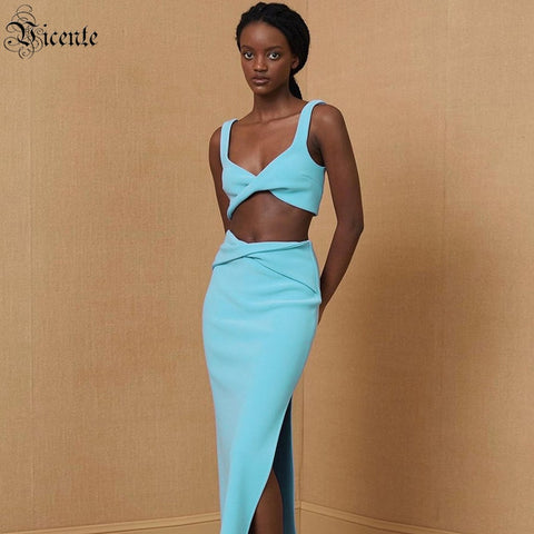 VC Women's Suit Celebrity Party Cocktail Party Dress Twisted Cross Design Sleeveless Sky Blue Bandage Two-piece Set