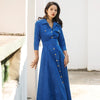 Brand 2022 Autumn New Summer Women Turn-down Collar Blue Black Dress Three Quarter Sleeve High Waist Vintage Maxi Dress