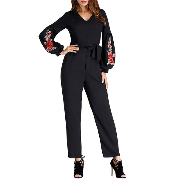 V Neck Embroidery Puff Sleeve Jumpsuit 2022 Fashion Loose Belted Spring Office Ladies Work Elegant Long Pant Jumpsuits
