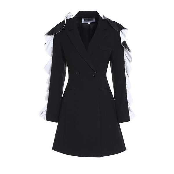 Black Blazer  For Women Notched With Butterfly Sleeve Long Double Breasted Coat Female Slim Korean Fashion Clothing New