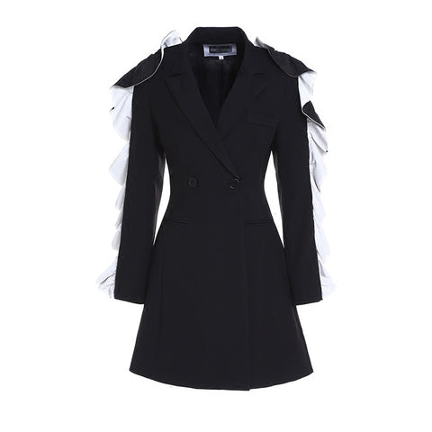 Black Blazer  For Women Notched With Butterfly Sleeve Long Double Breasted Coat Female Slim Korean Fashion Clothing New