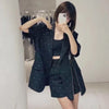 VGH Black Patchwork Diamonds Blazer For Women Notched Short Sleeve Zipper Straight Blazers Females Spring Clothing Style