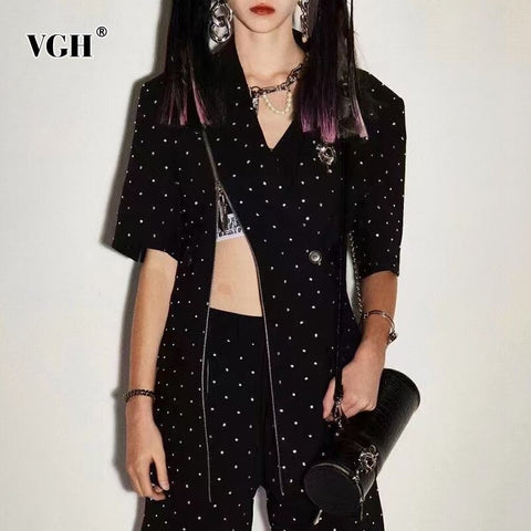 VGH Black Patchwork Diamonds Blazer For Women Notched Short Sleeve Zipper Straight Blazers Females Spring Clothing Style