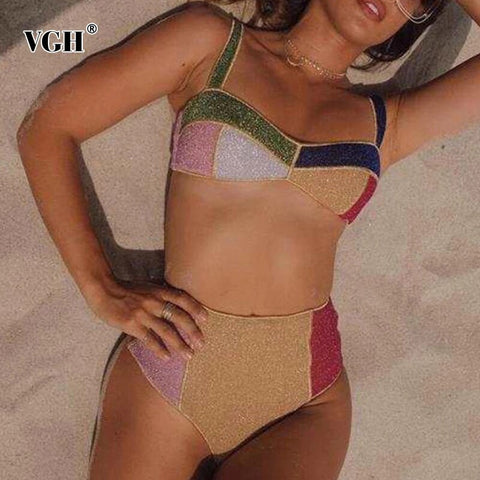 VGH Sexy Shorts Sets Female Square Collar Sleeve Lace Up Vest High Waist Short Pants Colorblock Women's Suit 2023 Summer Fashion