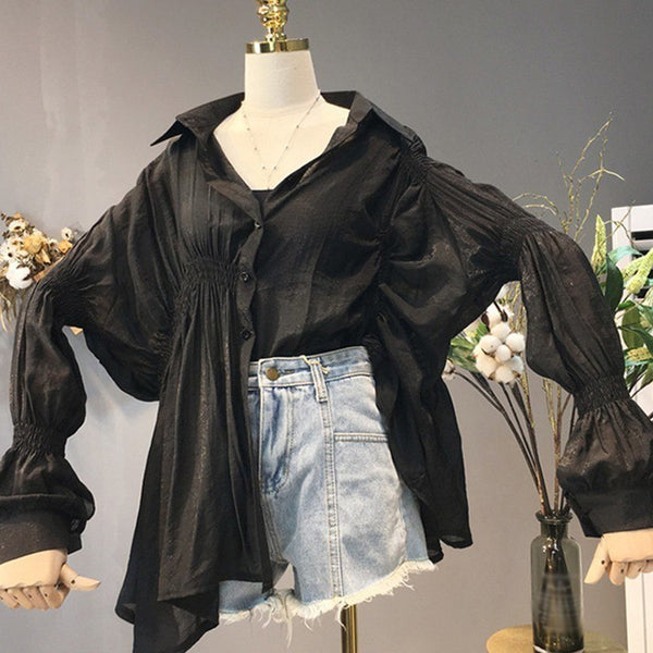 Summer Chiffon Top Female Shirt Lapel Batwing Sleeve Single Breasted Solid Women's Blouse 2022 Korean Fashion Clothing