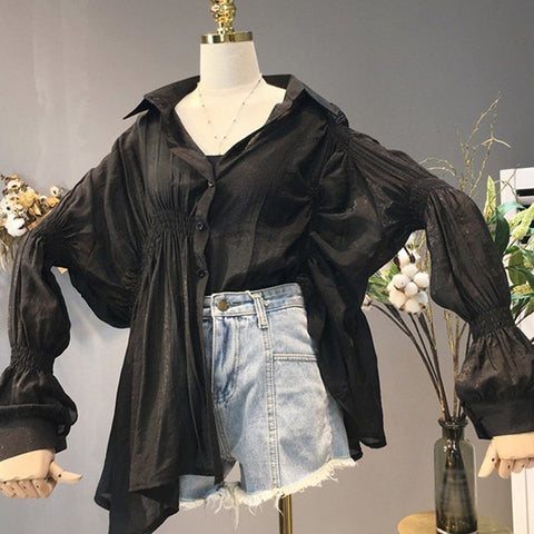 Summer Chiffon Top Female Shirt Lapel Batwing Sleeve Single Breasted Solid Women's Blouse 2022 Korean Fashion Clothing