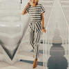 New Fashion Striped Print Women Jumpsuits Casual O Neck Short Sleeve Summer Rompers Back Zipper Female Jumpsuit Pockets