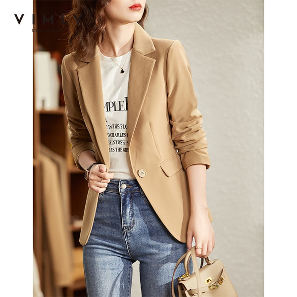 VIMLY Autumn Blazer Coat For Women Notched Single Breasted Blazer Office Lady Business Jackets Female Clothes F8699