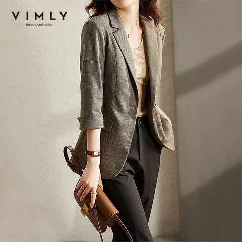 VIMLY Plaid Suit Jacket for Women Autumn 2022 Casual Office Lady Business Capable Blazer Female Coats F8779