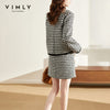VIMLY Short Jacket 2 PCS Set For Women 2023 Winter Coat  Tweed Warm Skirt Houndstooth Elegant Female Plaid Overcoat F9612