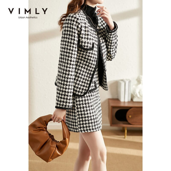 VIMLY Short Jacket 2 PCS Set For Women 2023 Winter Coat  Tweed Warm Skirt Houndstooth Elegant Female Plaid Overcoat F9612