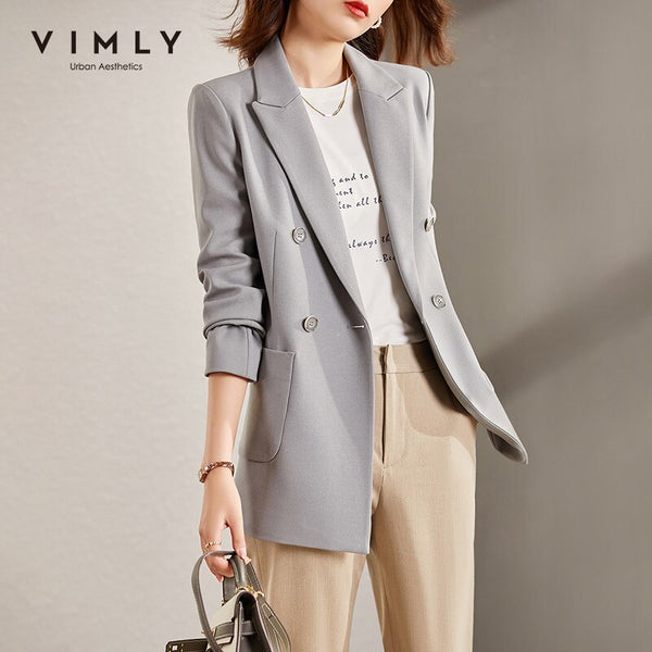 VIMLY Women's Blazer Retro Jackets 2023 Autumn Winter Double Breasted Solid Coat Business Woman Coats Office Lady Outwear F8983