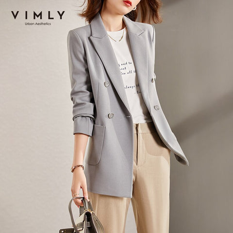VIMLY Women's Blazer Retro Jackets 2023 Autumn Winter Double Breasted Solid Coat Business Woman Coats Office Lady Outwear F8983