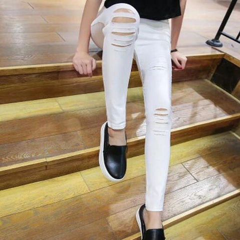 Summer Style White Hole Torn Leggings Women's Pants High Waist Femme For Women Skinny Black Casual Pants High Quality