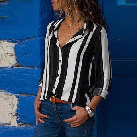 Women Striped Business Casual Blouse Tops Female 2022 Summer Autumn Long Sleeve Print High Street Loose Tee Shirts
