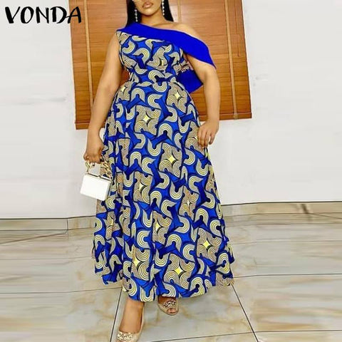 VONDA 2023 Summer Sexy Sundress Women Sleeveless Bohemian Printed Party Long Maxi Dress Off Shoulder Pleated Beach Vestidos Robe