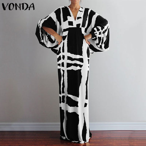 VONDA Vintage Long Maxi Dress 2023 Autumn Sexy V Neck Long Sleeve Printed Dresses Femme Loose Sundress Casual Bohemian Vestidos
