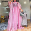 VONDA Women 2022 Sexy See Through Pleated Long Maxi Dress Ladies Summer Stand Collar Puff Sleeve Sundress With Lining Dress