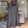 VONDA Women 2022 Sexy See Through Pleated Long Maxi Dress Ladies Summer Stand Collar Puff Sleeve Sundress With Lining Dress