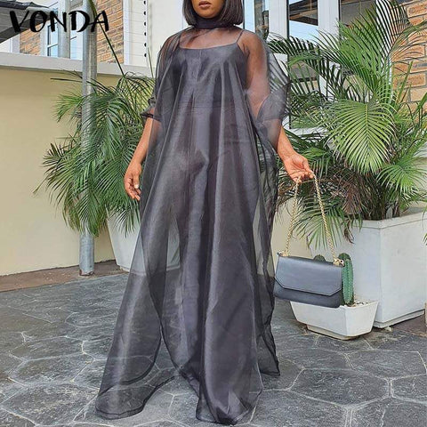 VONDA Women 2022 Sexy See Through Pleated Long Maxi Dress Ladies Summer Stand Collar Puff Sleeve Sundress With Lining Dress