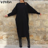 VONDA Women Autumn Solid Long Dress O Neck Long Sleeve Shirt Dress Elegant Vestido Midi Robe Femme Casual Party Sundress