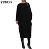 VONDA Women Autumn Solid Long Dress O Neck Long Sleeve Shirt Dress Elegant Vestido Midi Robe Femme Casual Party Sundress