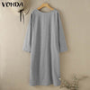 VONDA Women Autumn Solid Long Dress O Neck Long Sleeve Shirt Dress Elegant Vestido Midi Robe Femme Casual Party Sundress