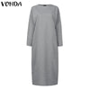 VONDA Women Autumn Solid Long Dress O Neck Long Sleeve Shirt Dress Elegant Vestido Midi Robe Femme Casual Party Sundress